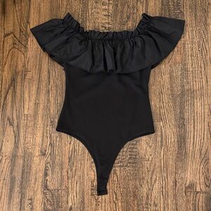 The Impeccable Pig Off-The-Shoulder Ruffle Bodysuit in Black - S